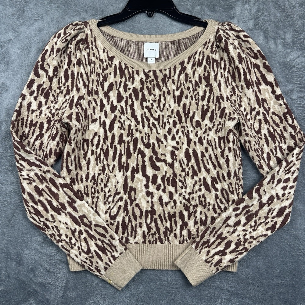Maeve Pullover Sweater Women's Small Leopard Print Puff Sleeve Tan Brown New